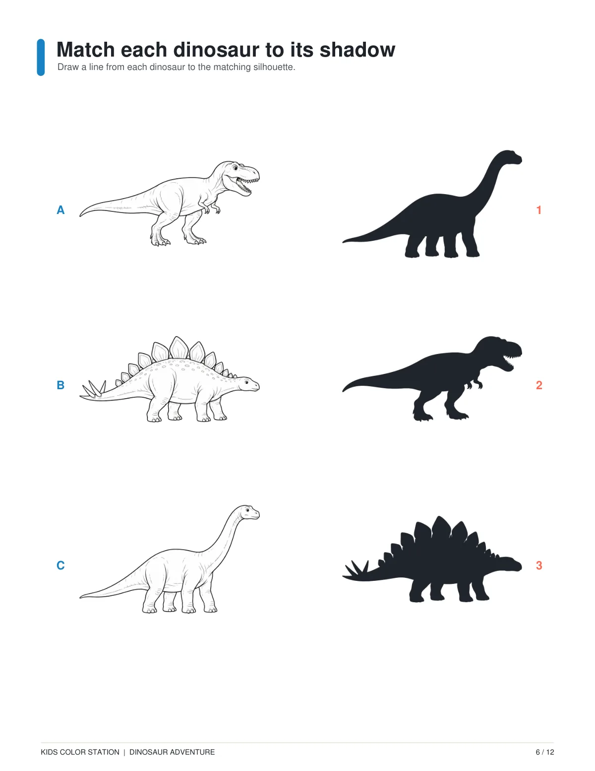 Match each dinosaur to its shadow — page 6 of 12