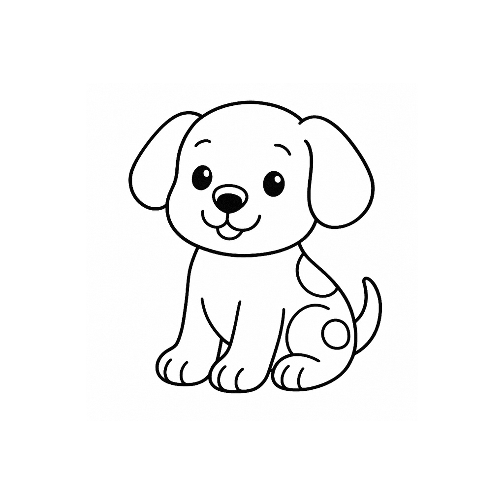 Black and white coloring page of a cute sitting puppy with floppy ears