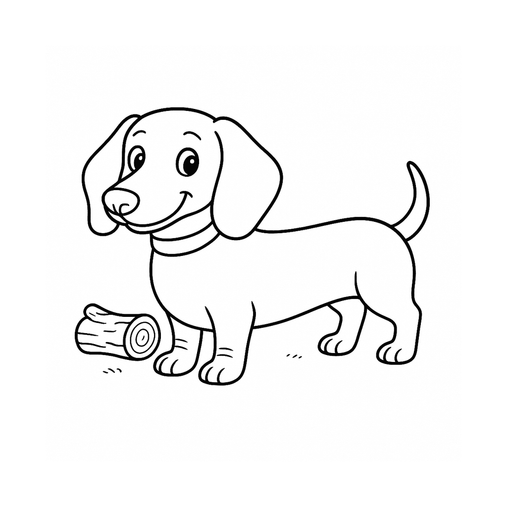 Black and white coloring page of a detailed dachshund standing beside a small log