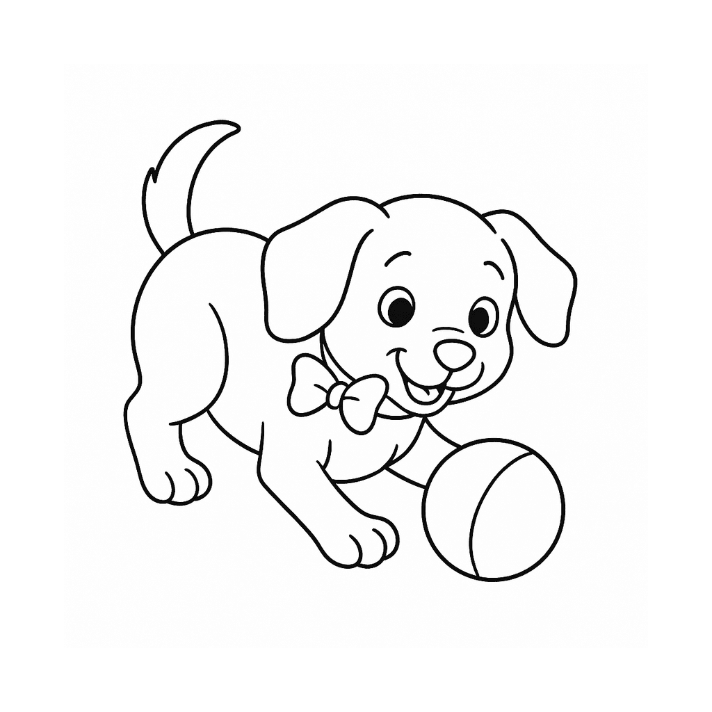 Black and white coloring page of a puppy playing with a ball