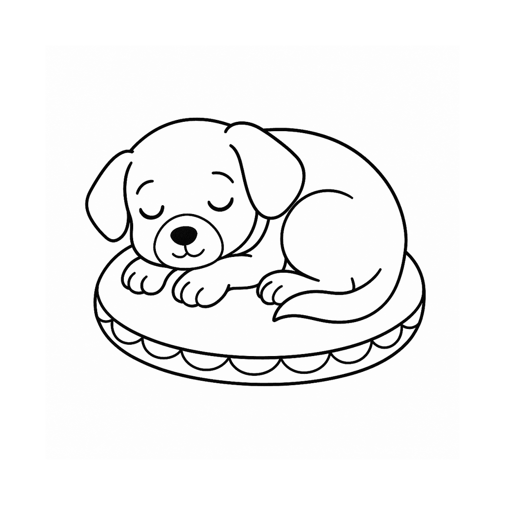 Black and white coloring page of a sleepy puppy curled up on a cushion