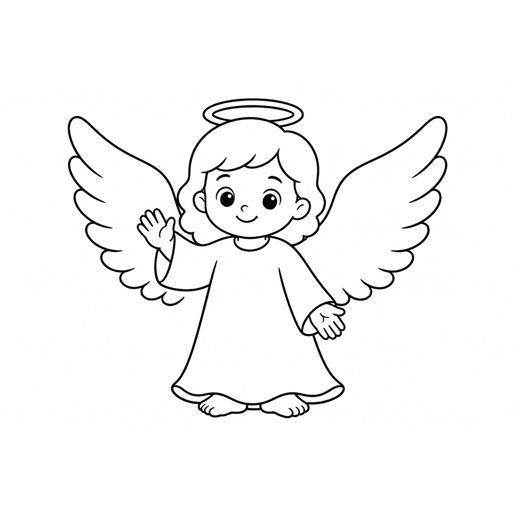 Black-and-white coloring page of a standing angel with wings and a halo waving