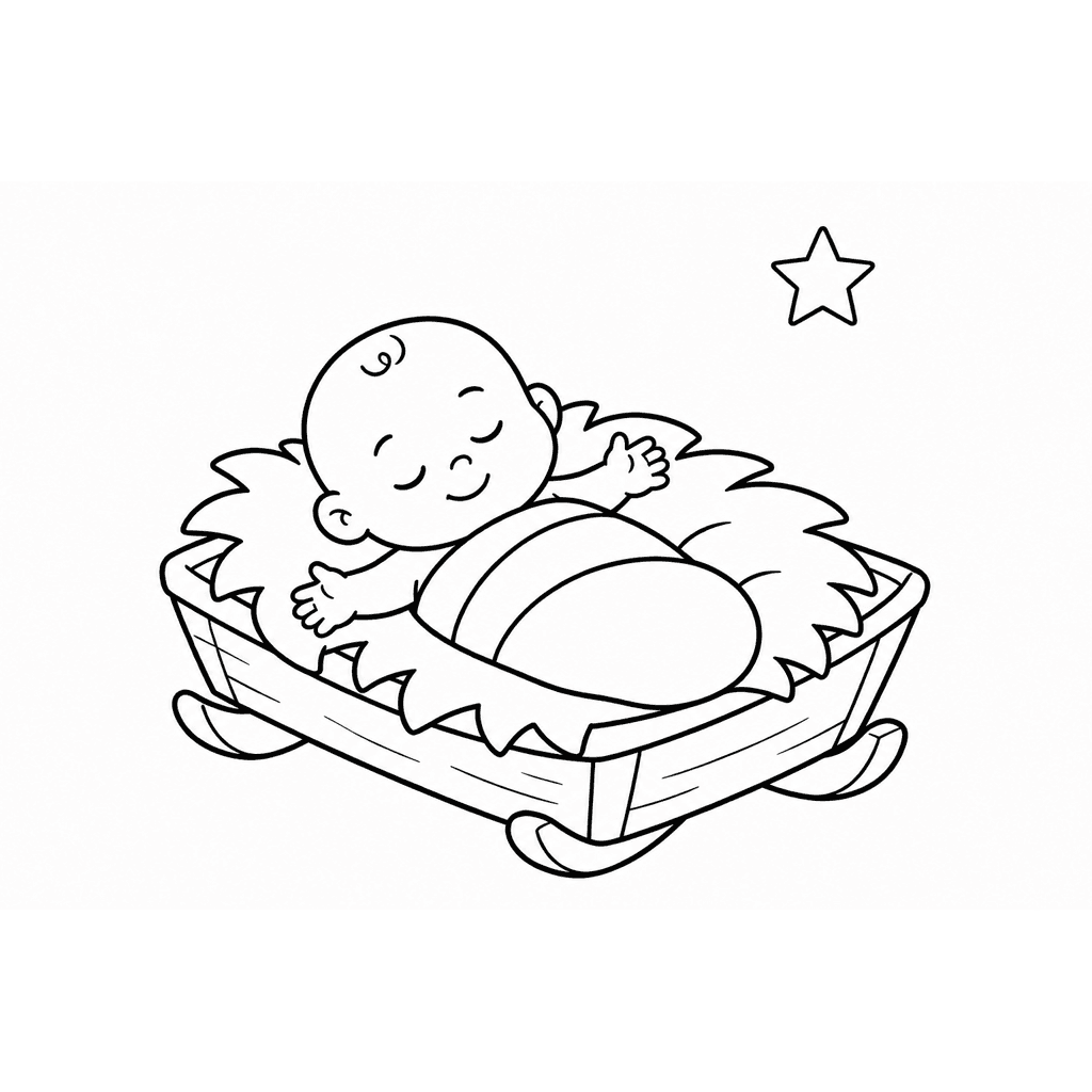 Black-and-white coloring page of a sleeping baby in a wooden rocking manger with hay and a star