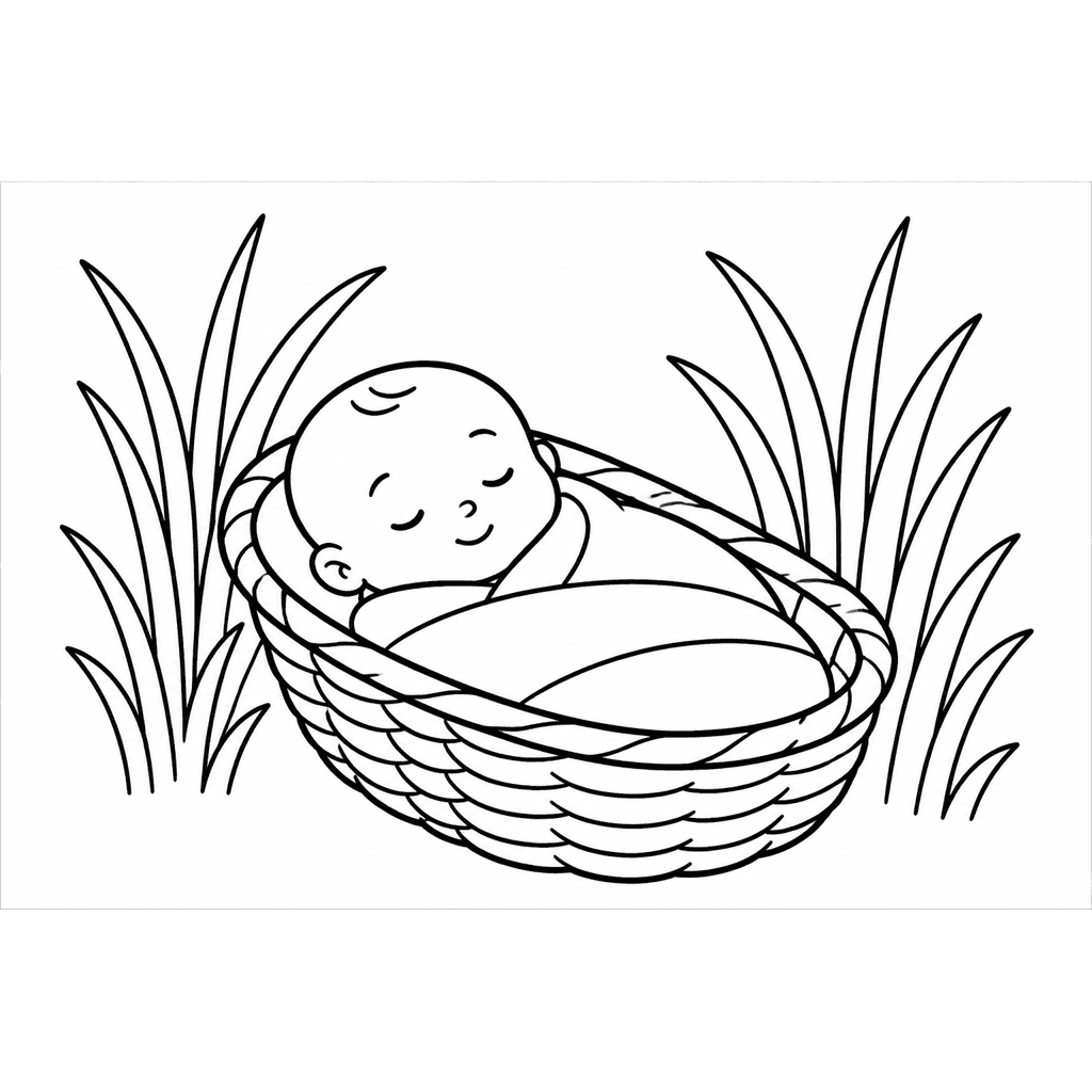 Black-and-white coloring page of a sleeping baby in a woven basket among reeds