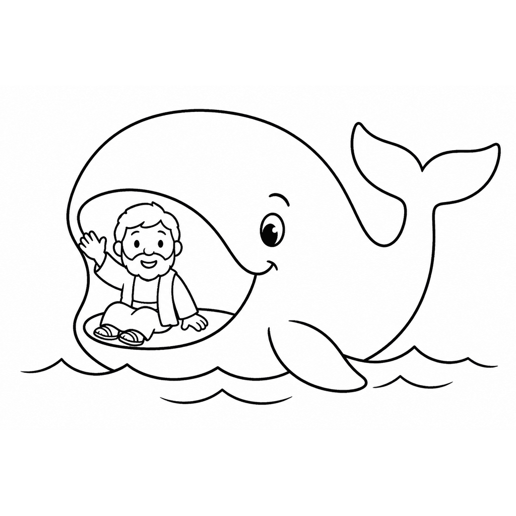 Black-and-white coloring page of Jonah waving from a whale’s open mouth