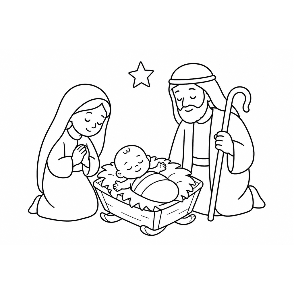 Black-and-white coloring page of Mary and Joseph kneeling at a manger with a baby and a star