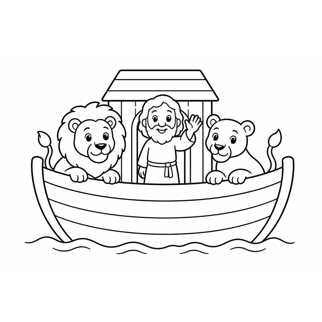 Black-and-white coloring page of Noah waving on an ark with a lion and a lioness