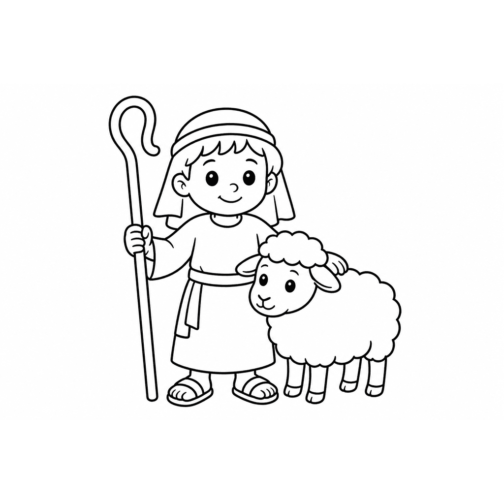 Black-and-white coloring page of a young shepherd with a crook and one sheep