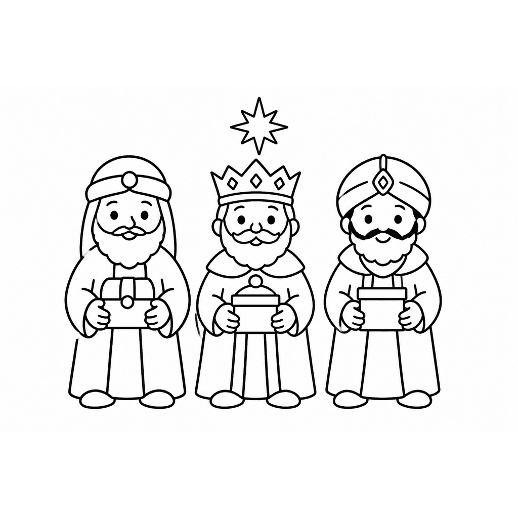 Black-and-white coloring page of three wise men holding gifts under a star