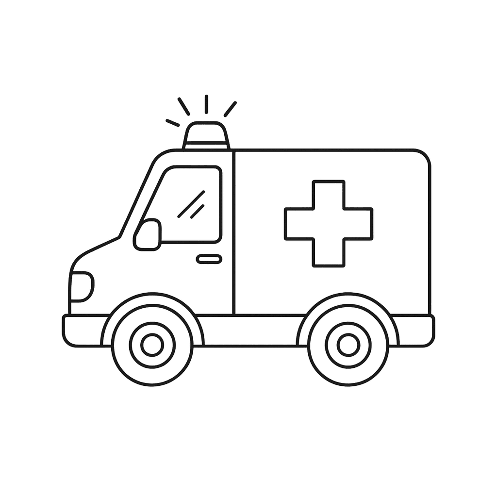 Black and white coloring page of an ambulance in side view with a cab and boxy back