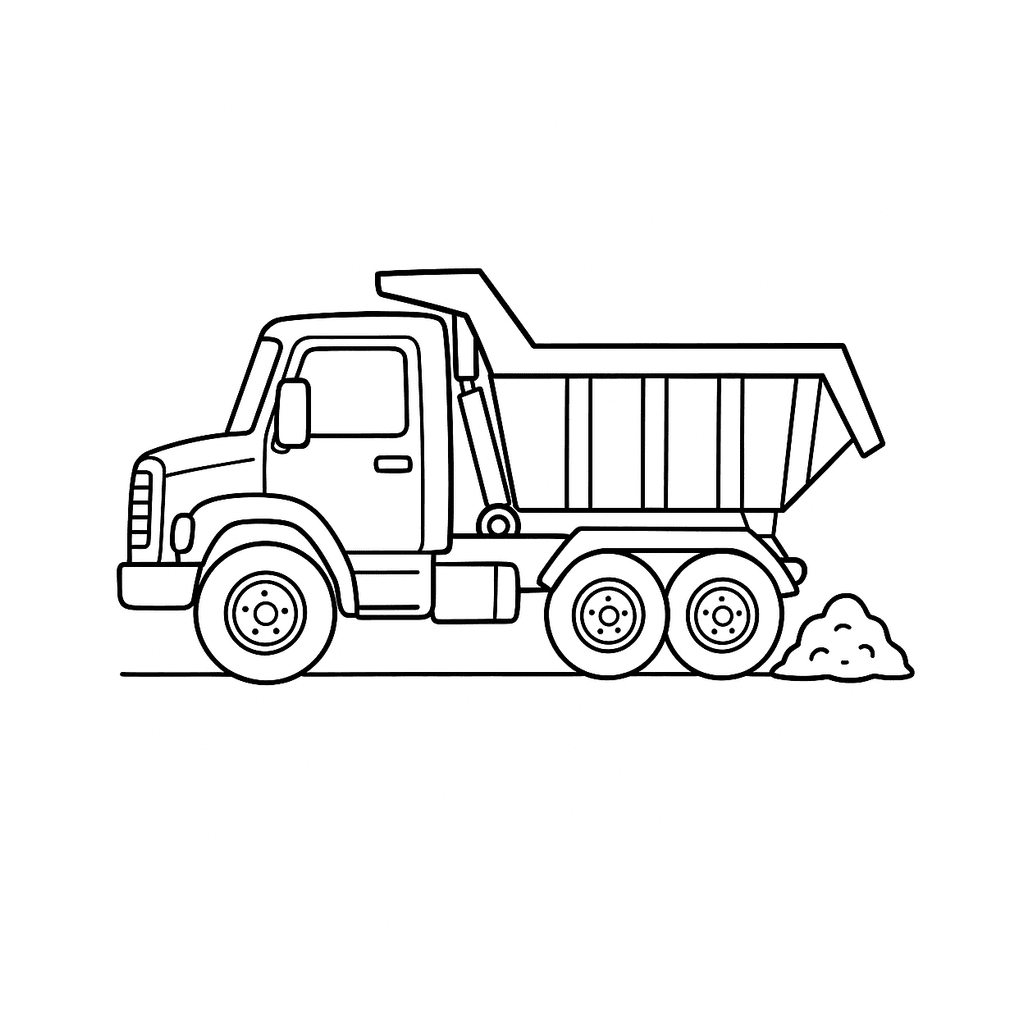 Black and white coloring page of a detailed dump truck with a dumping bed and wheels