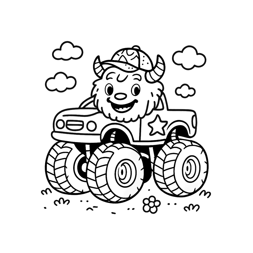 Black and white coloring page of monster truck with big wheels