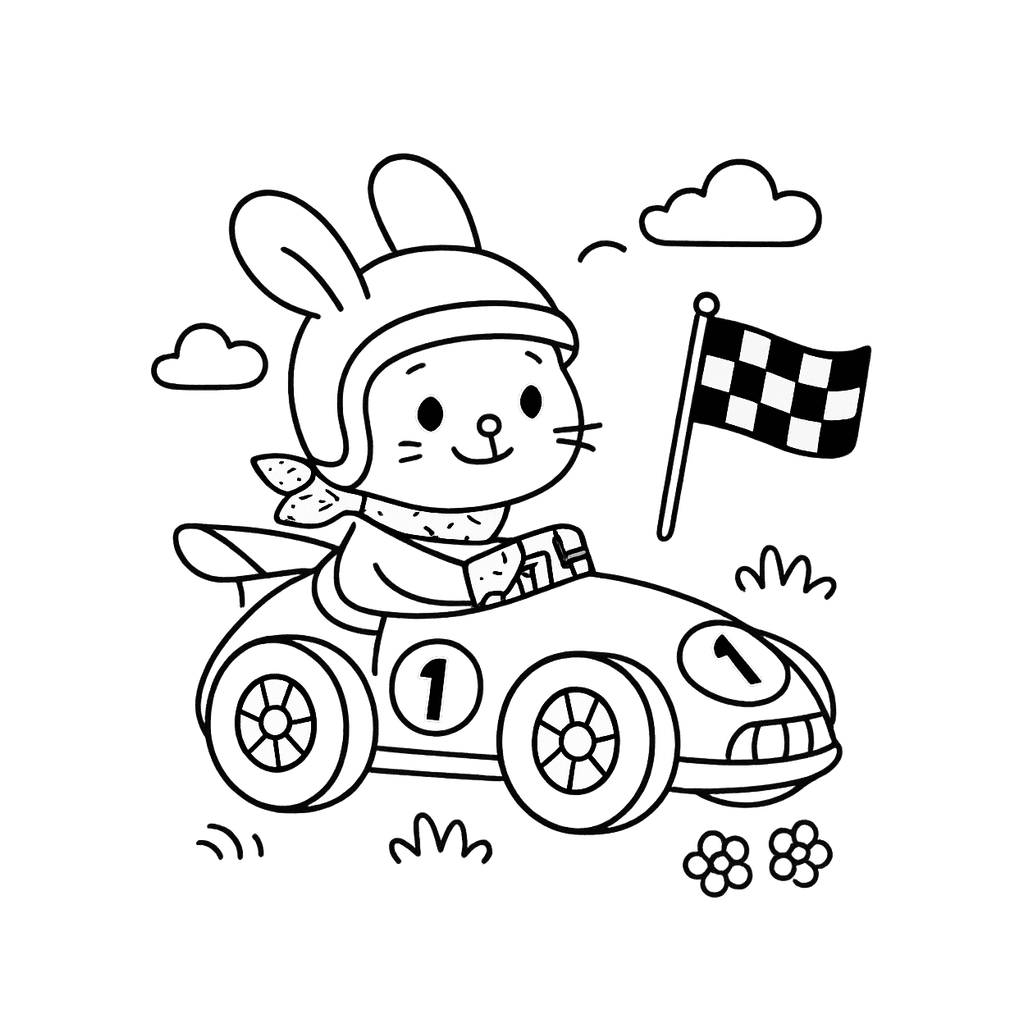 Black and white coloring page of race car