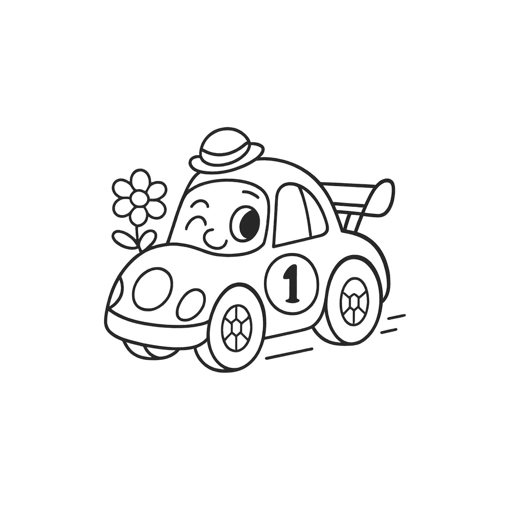 Black and white coloring page of race car