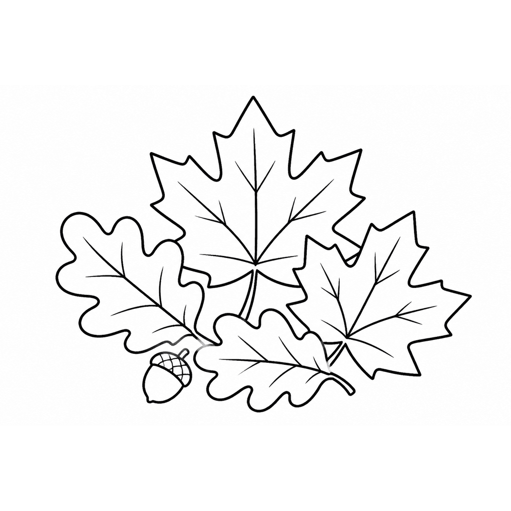 Black-and-white coloring page of maple and oak leaves with a small acorn on a white background