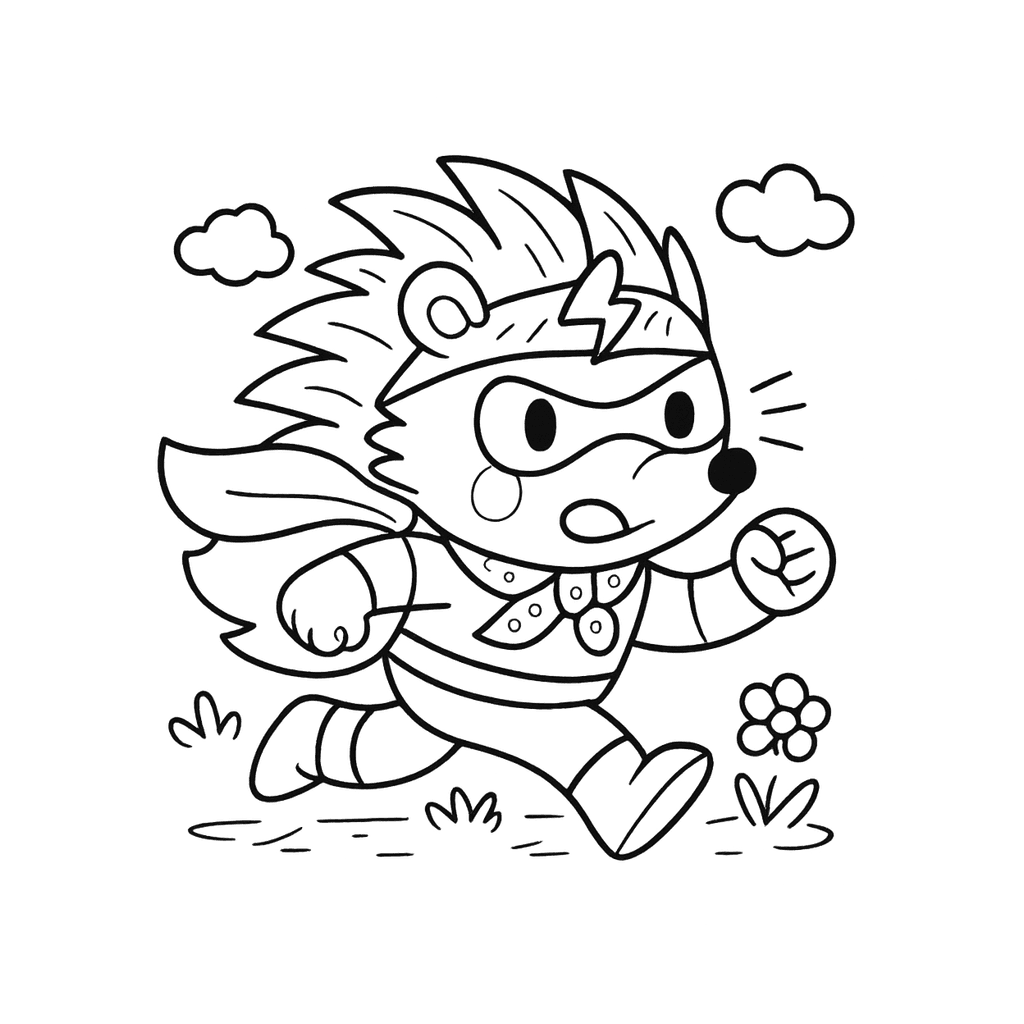 Black and white coloring page of fast hero in a running pose