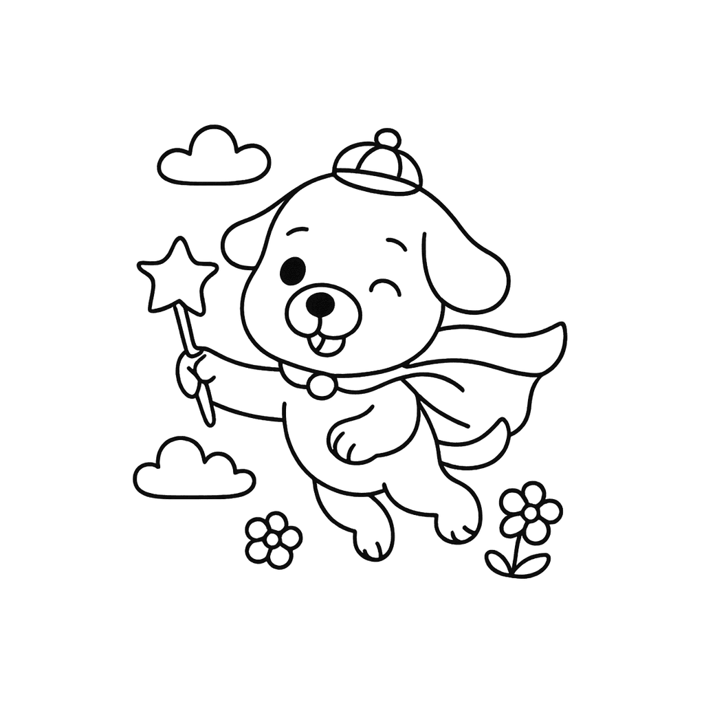 Black and white coloring page of flying hero with a cape