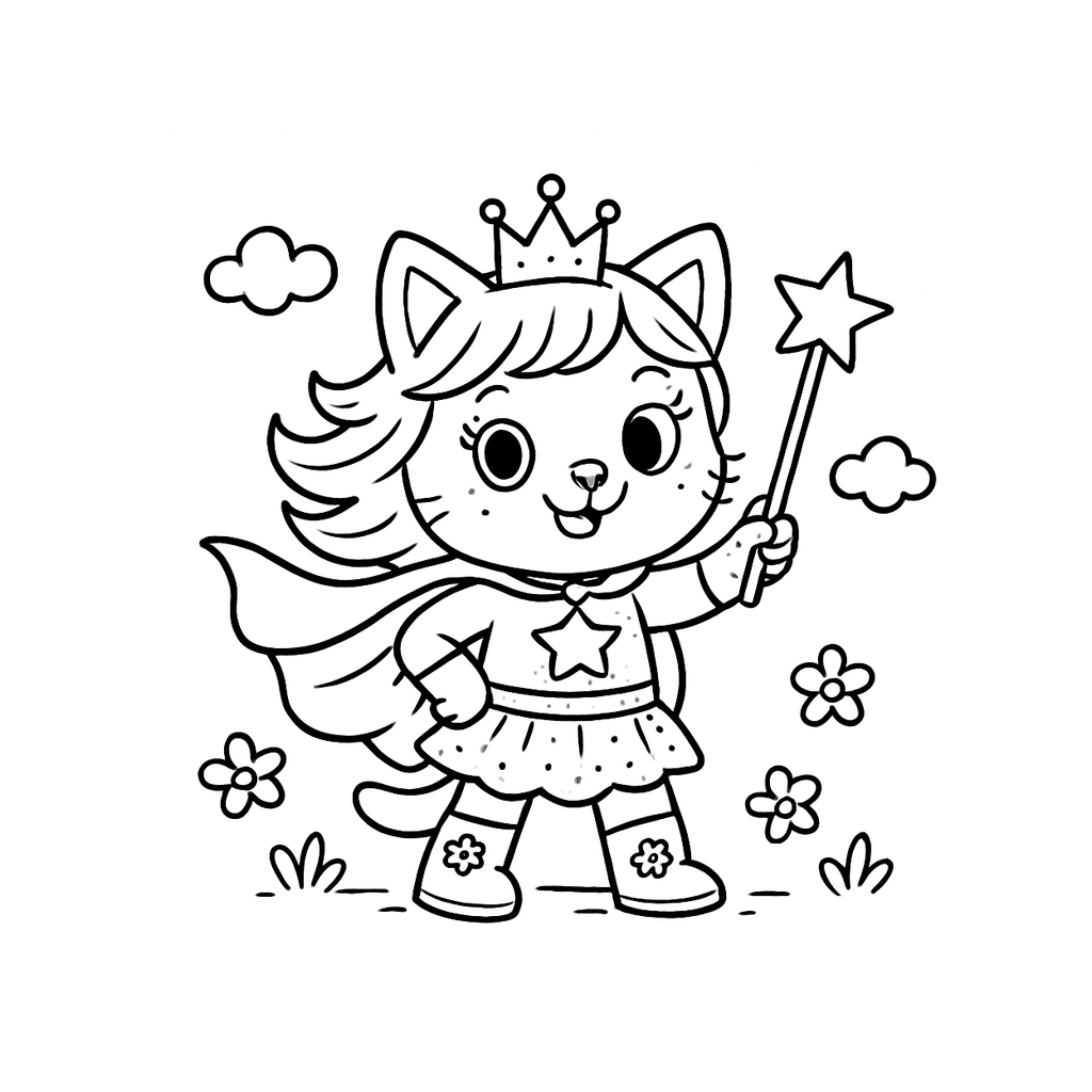 Black and white coloring page of girl superhero with cape and boots
