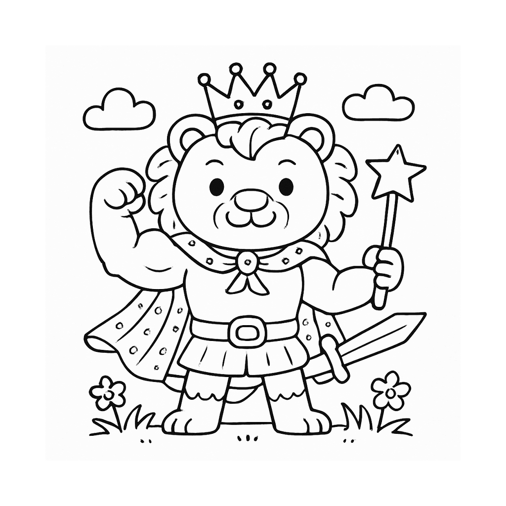Black and white coloring page of strong hero with muscles