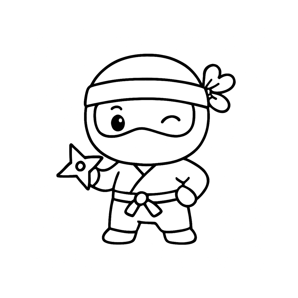 Black and white coloring page of baby ninja with headband