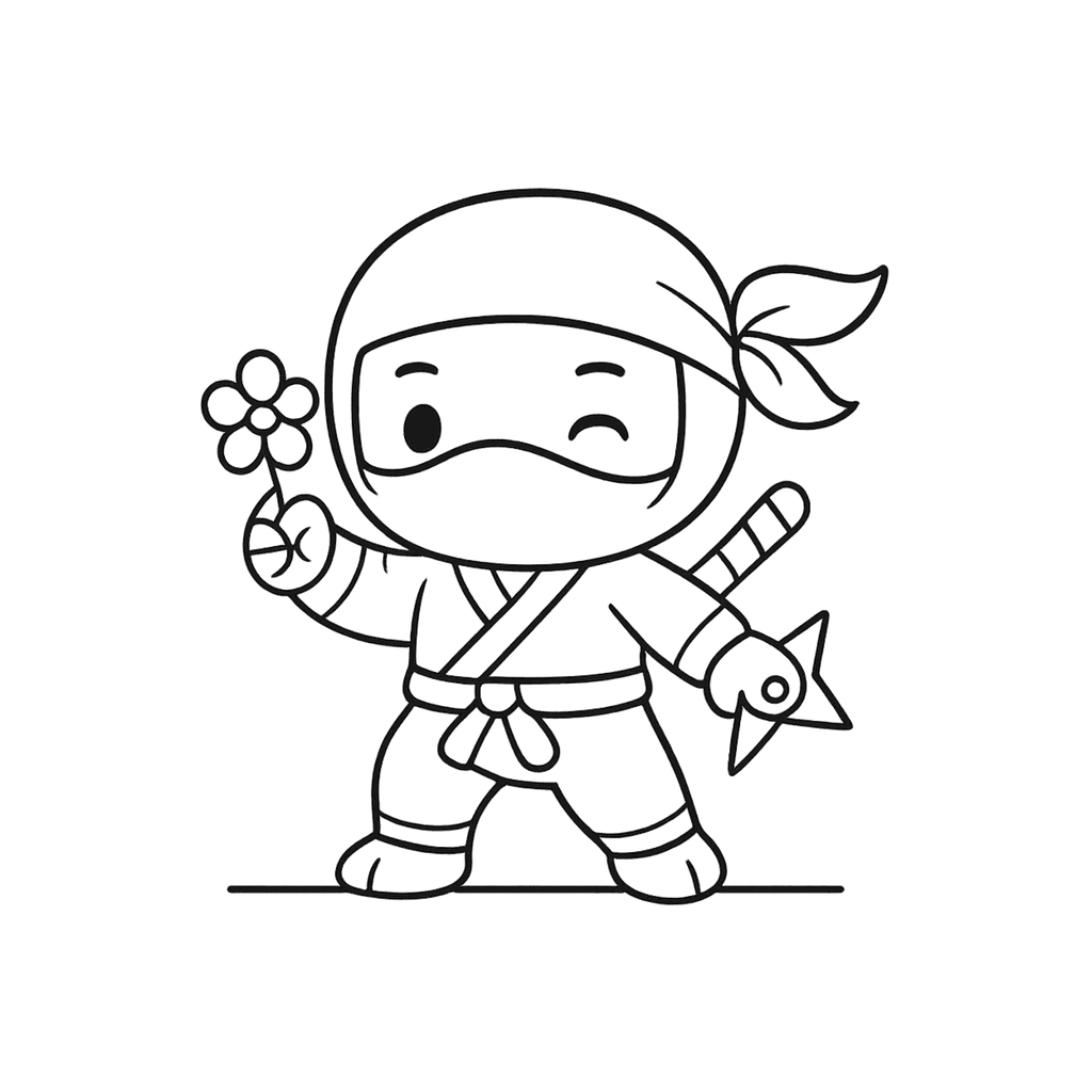 Black and white coloring page of young ninja in cute outfit
