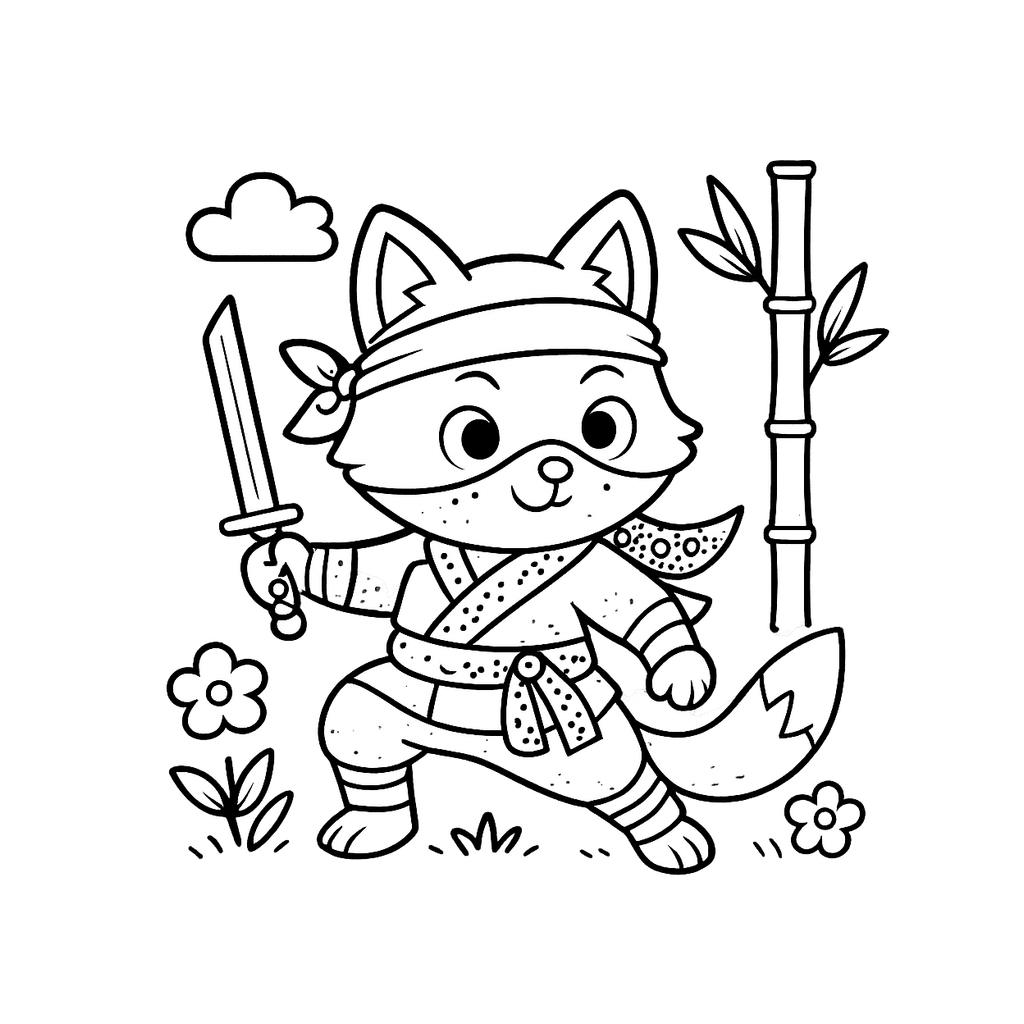 Black and white coloring page of forest ninja