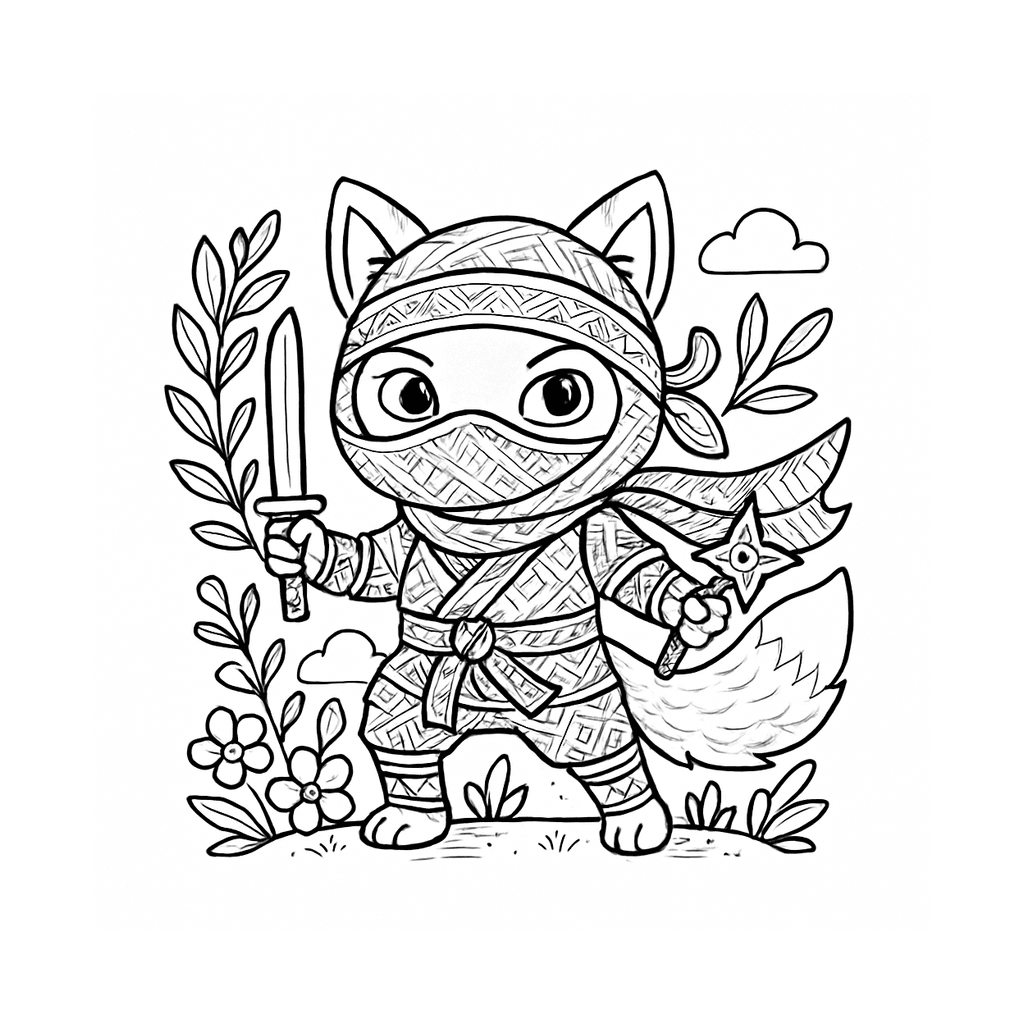 Black and white coloring page of forest ninja