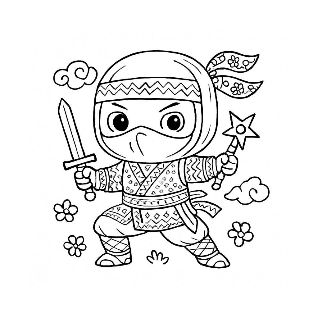 Black and white coloring page of ninja warrior