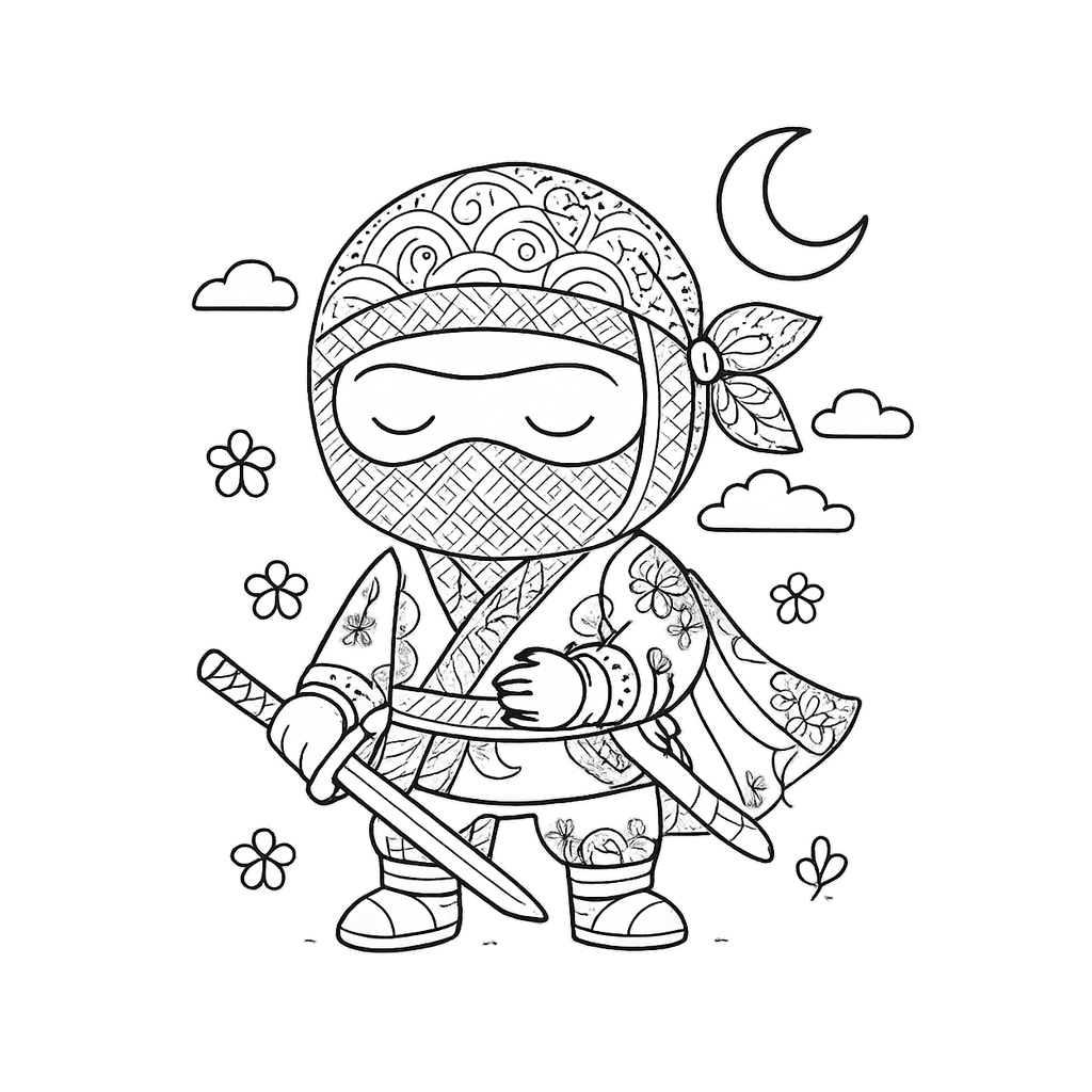 Black and white coloring page of peaceful ninja