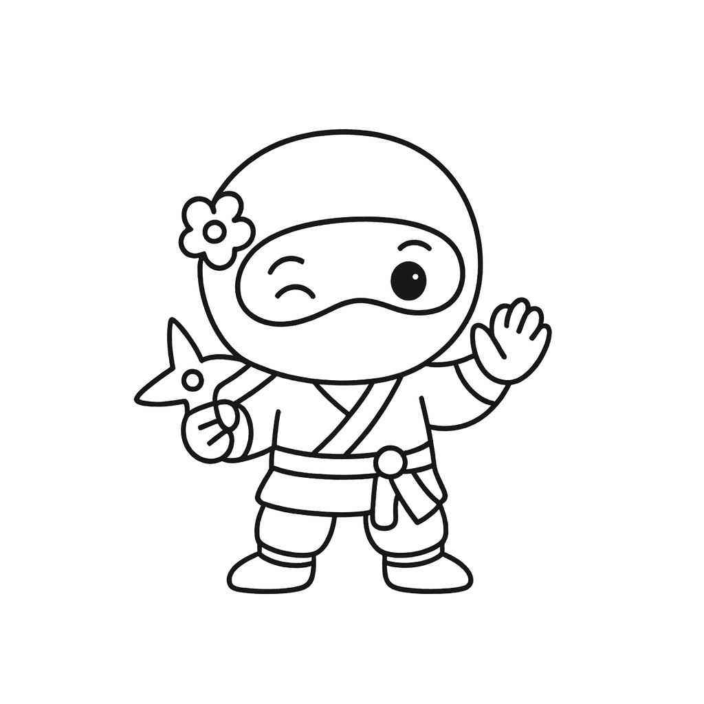 Black and white coloring page of young ninja