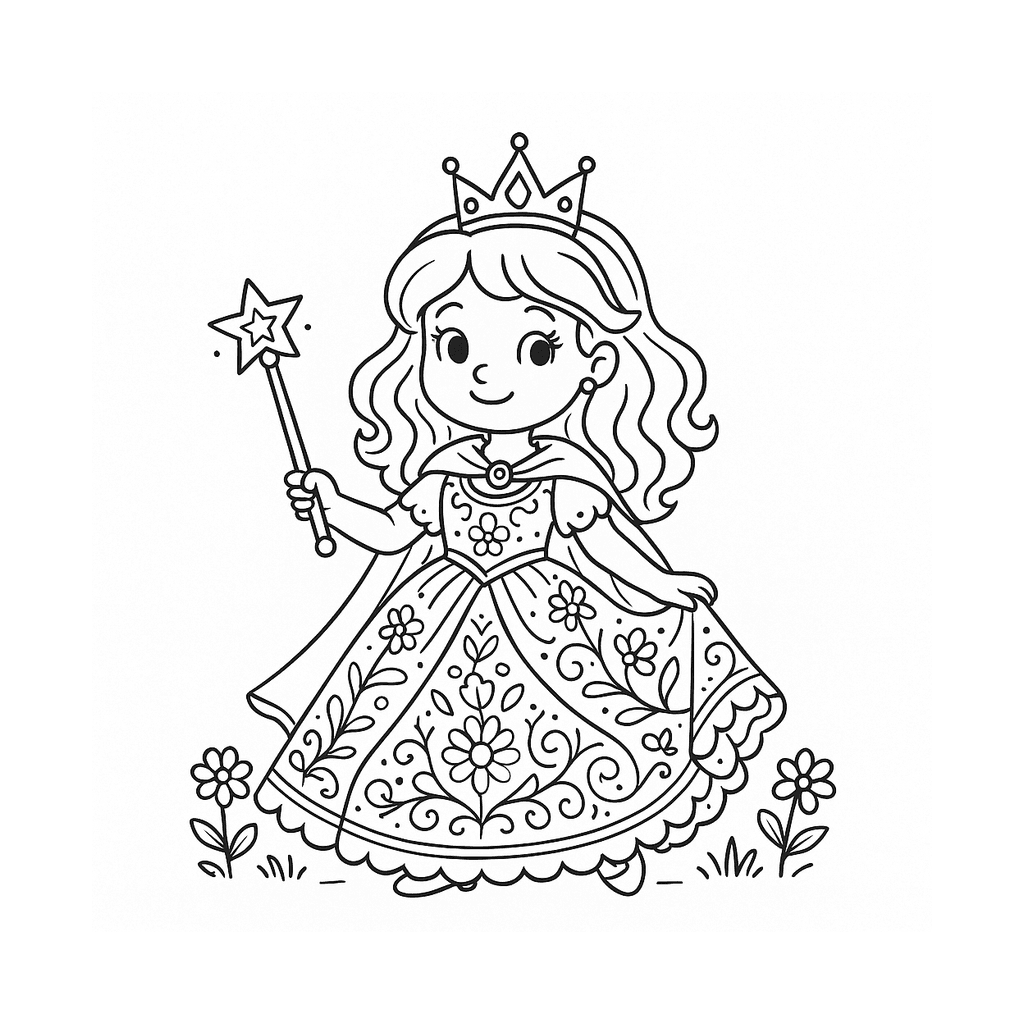 Black and white coloring page of princess in a ballgown