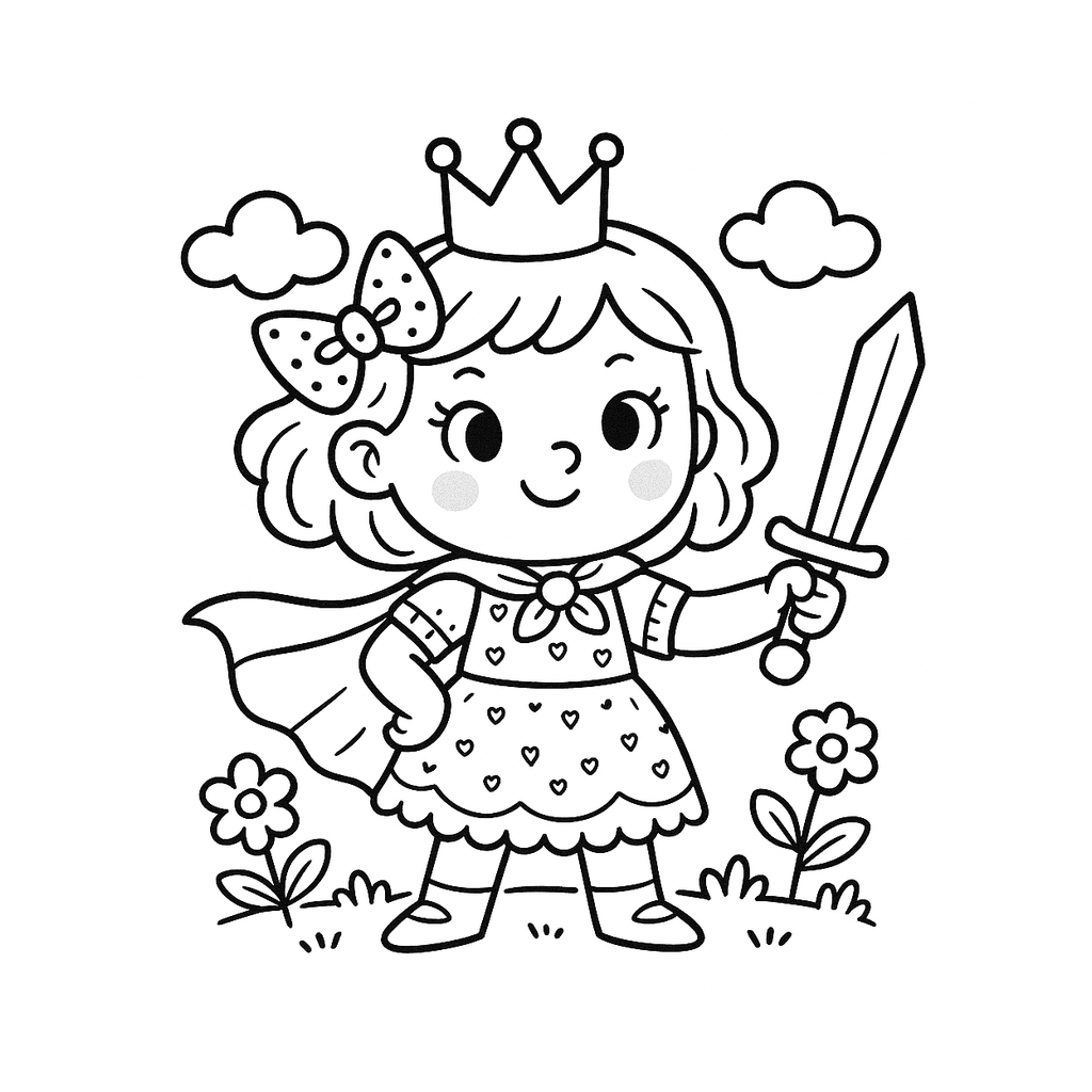 Black and white coloring page of brave princess with a sword