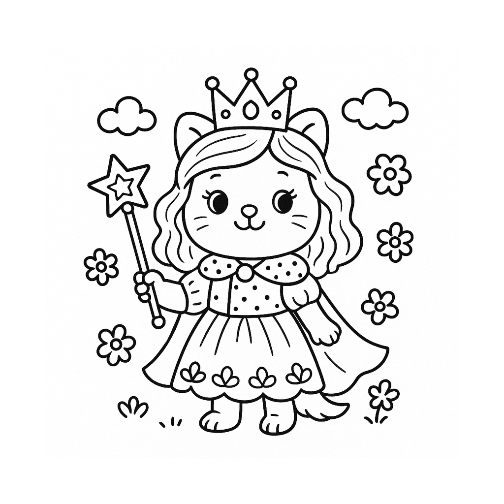 Black and white coloring page of princess with a crown and scepter