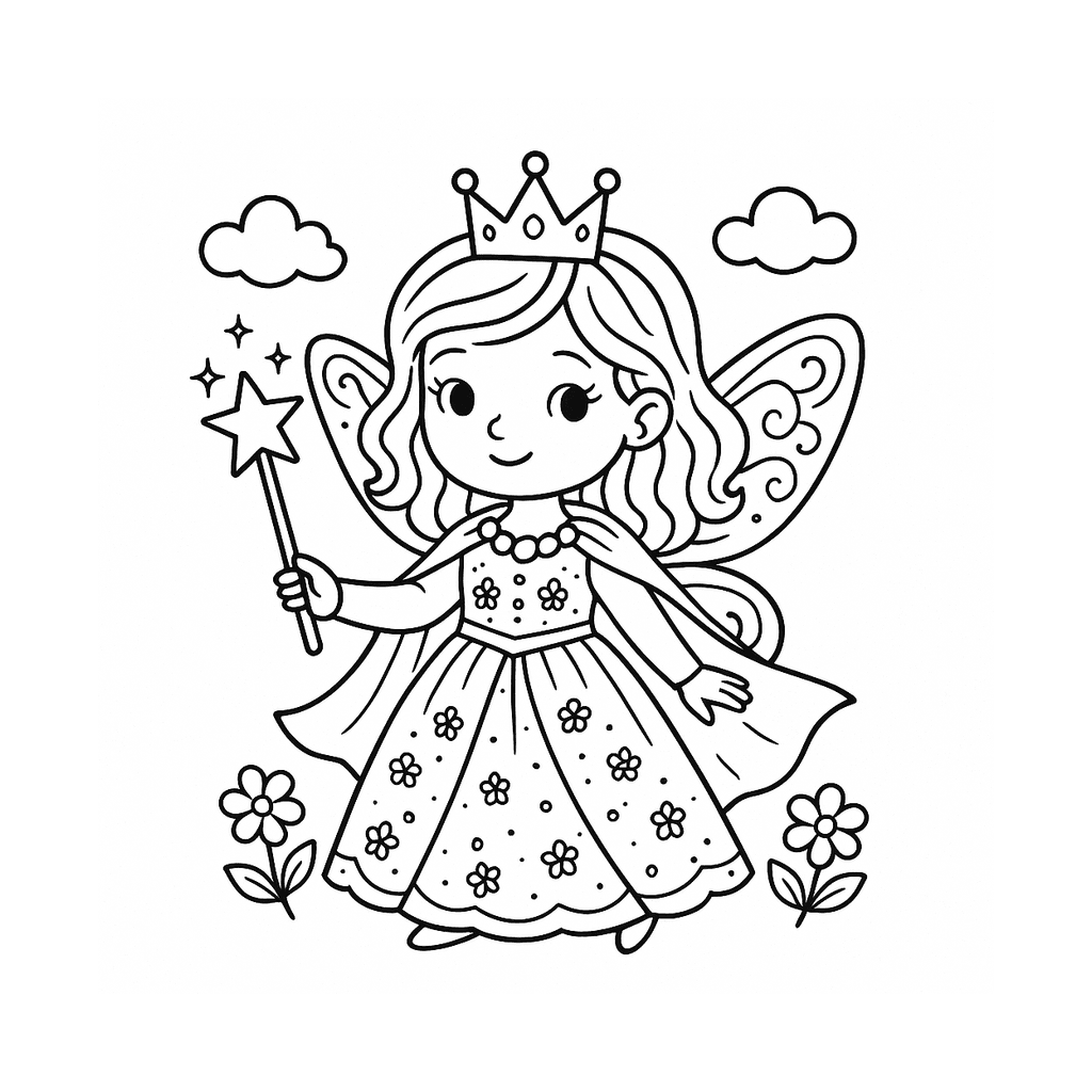 Black and white coloring page of fairy princess with wings and a wand