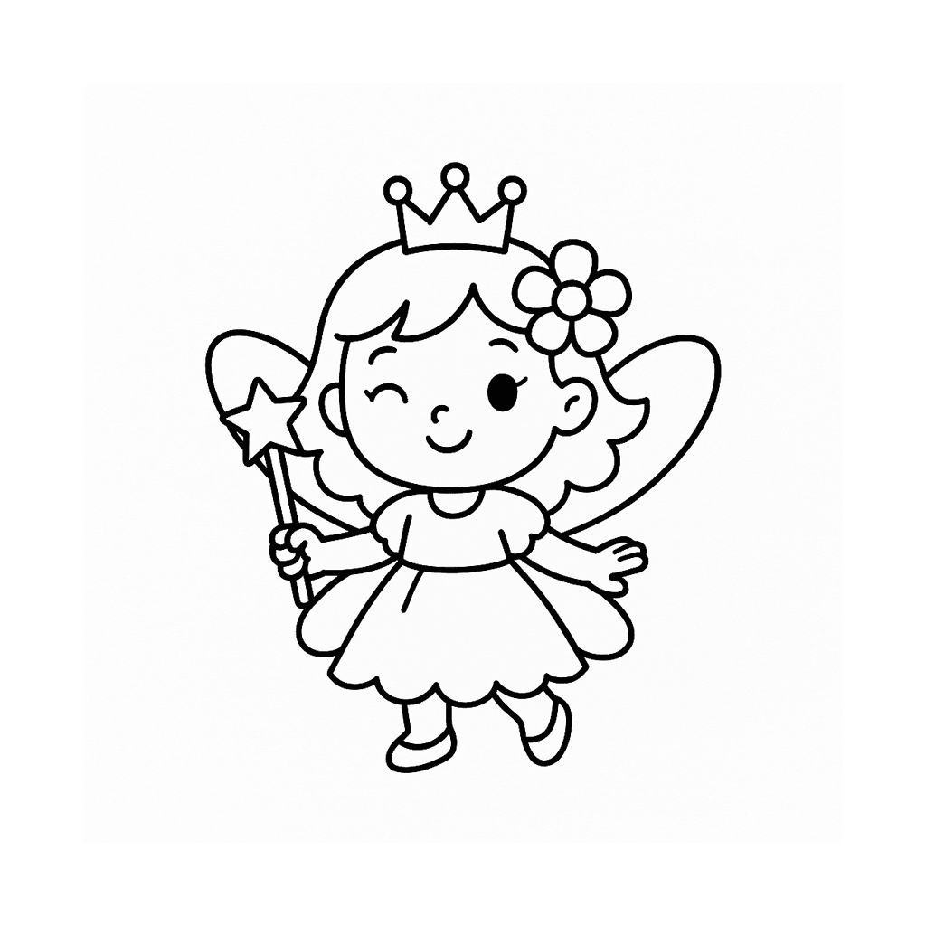 Black and white coloring page of fairy princess with wings
