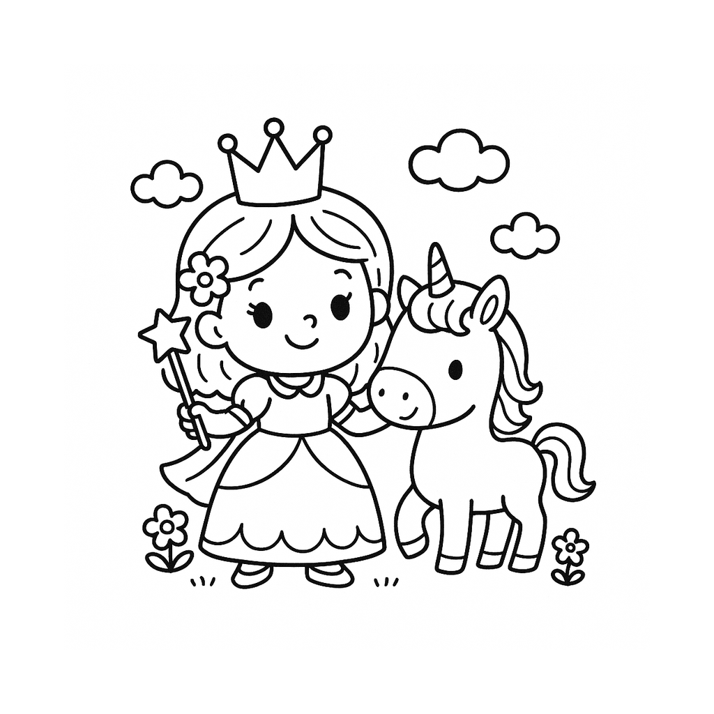 Black and white coloring page of princess with a pet unicorn