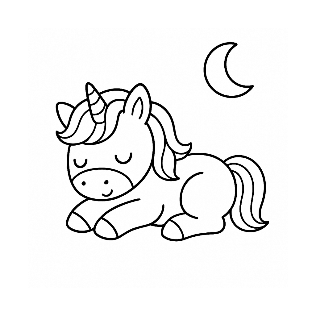 Black and white coloring page of a sleeping unicorn with a small crescent moon