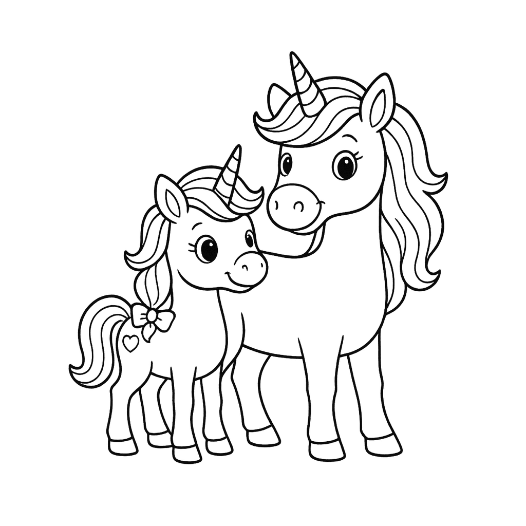 Black and white coloring page of a parent unicorn standing with a baby unicorn