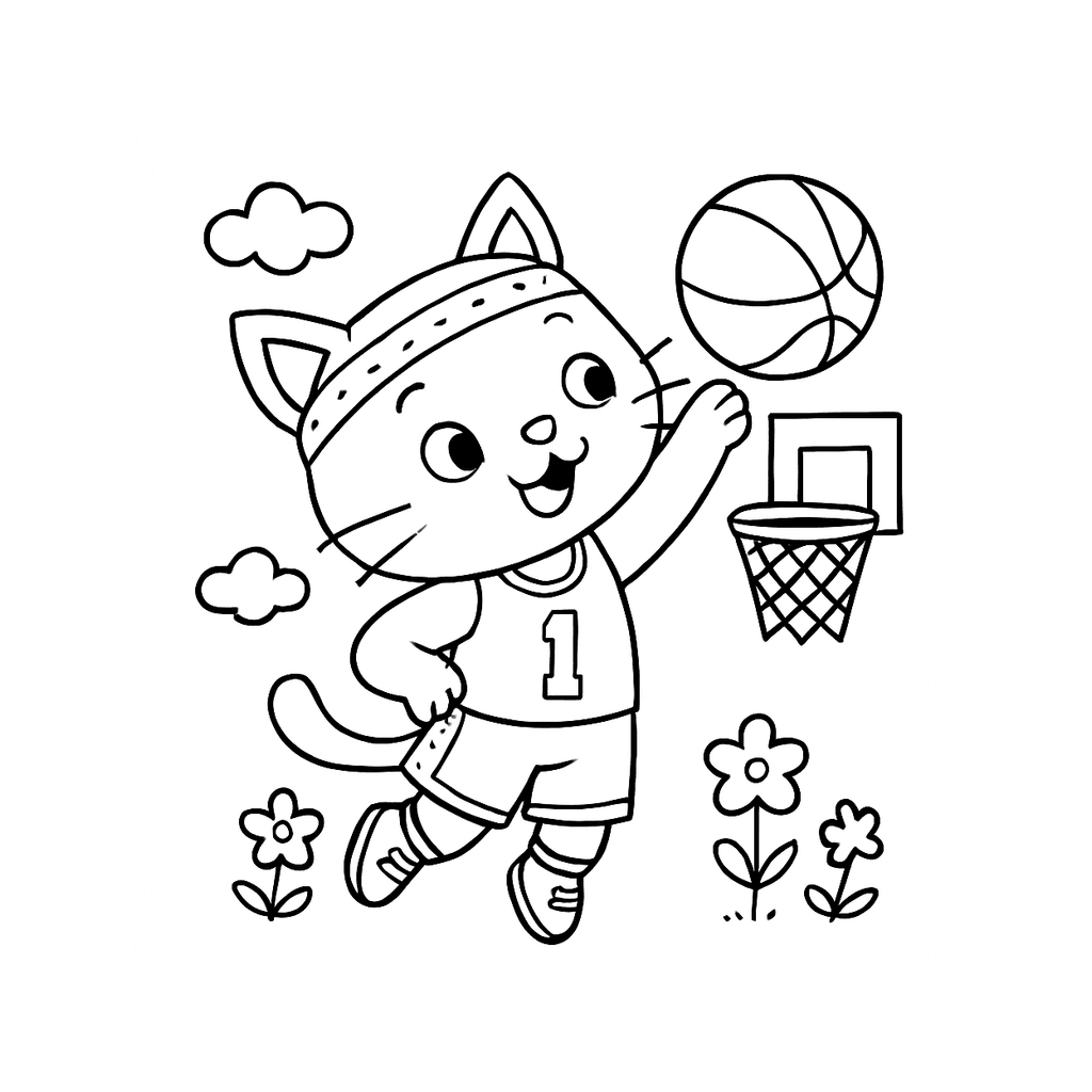 Black and white coloring page of basketball player shooting a ball