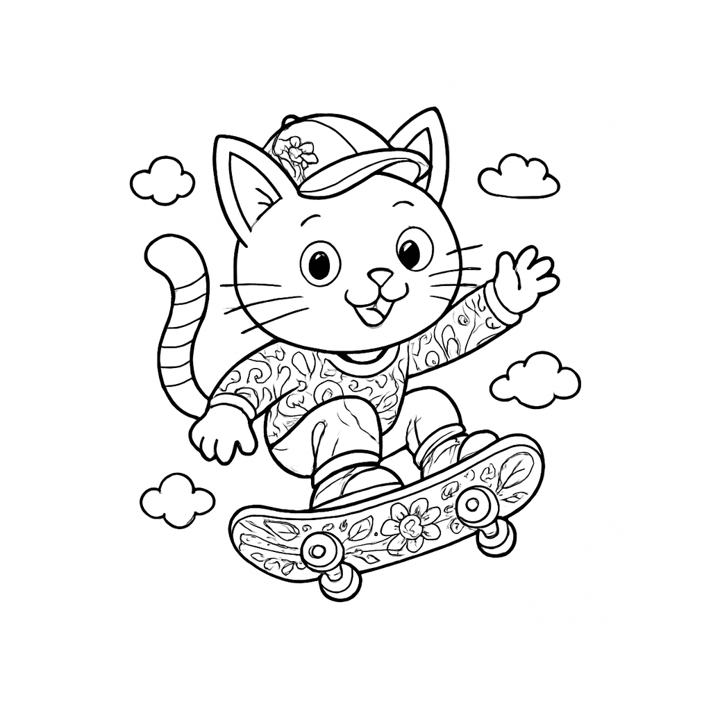 Black and white coloring page of skateboarder doing a trick