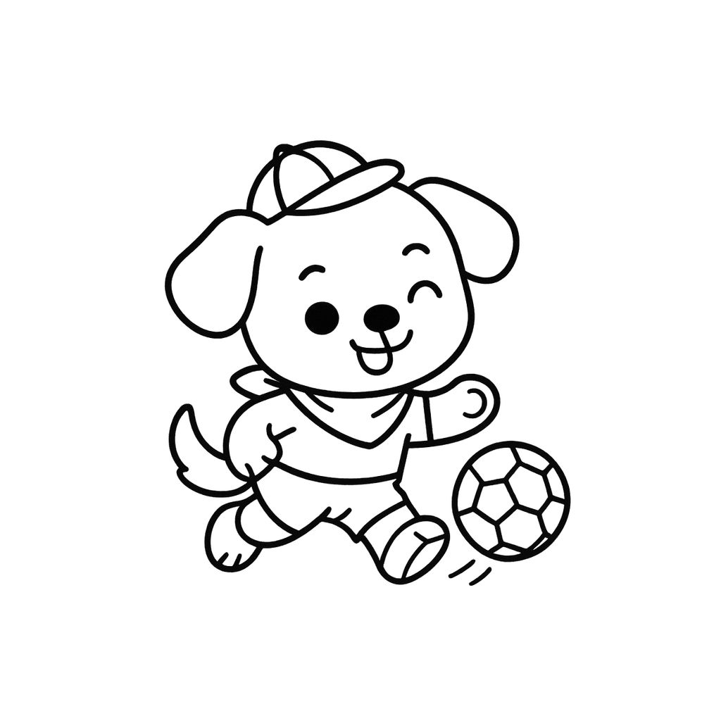 Black and white coloring page of soccer player kicking a ball