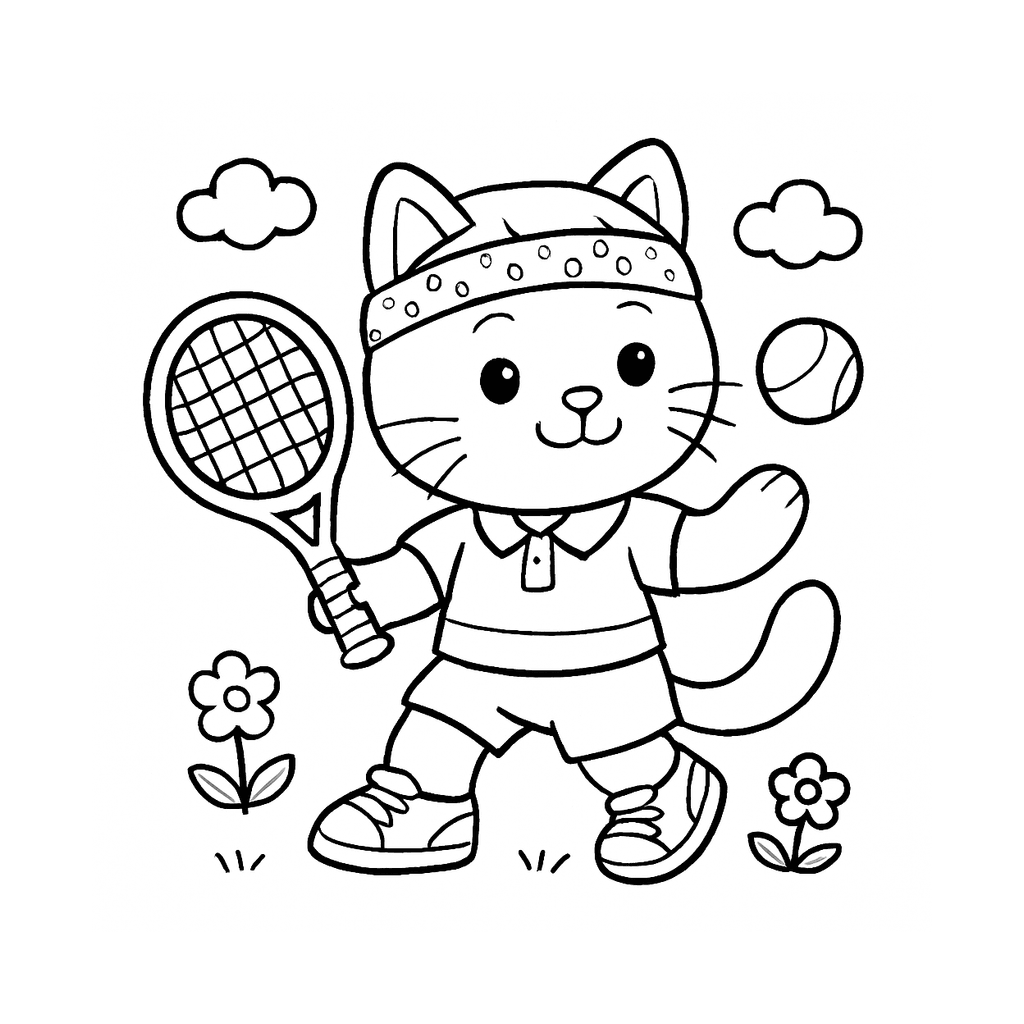 Black and white coloring page of tennis player