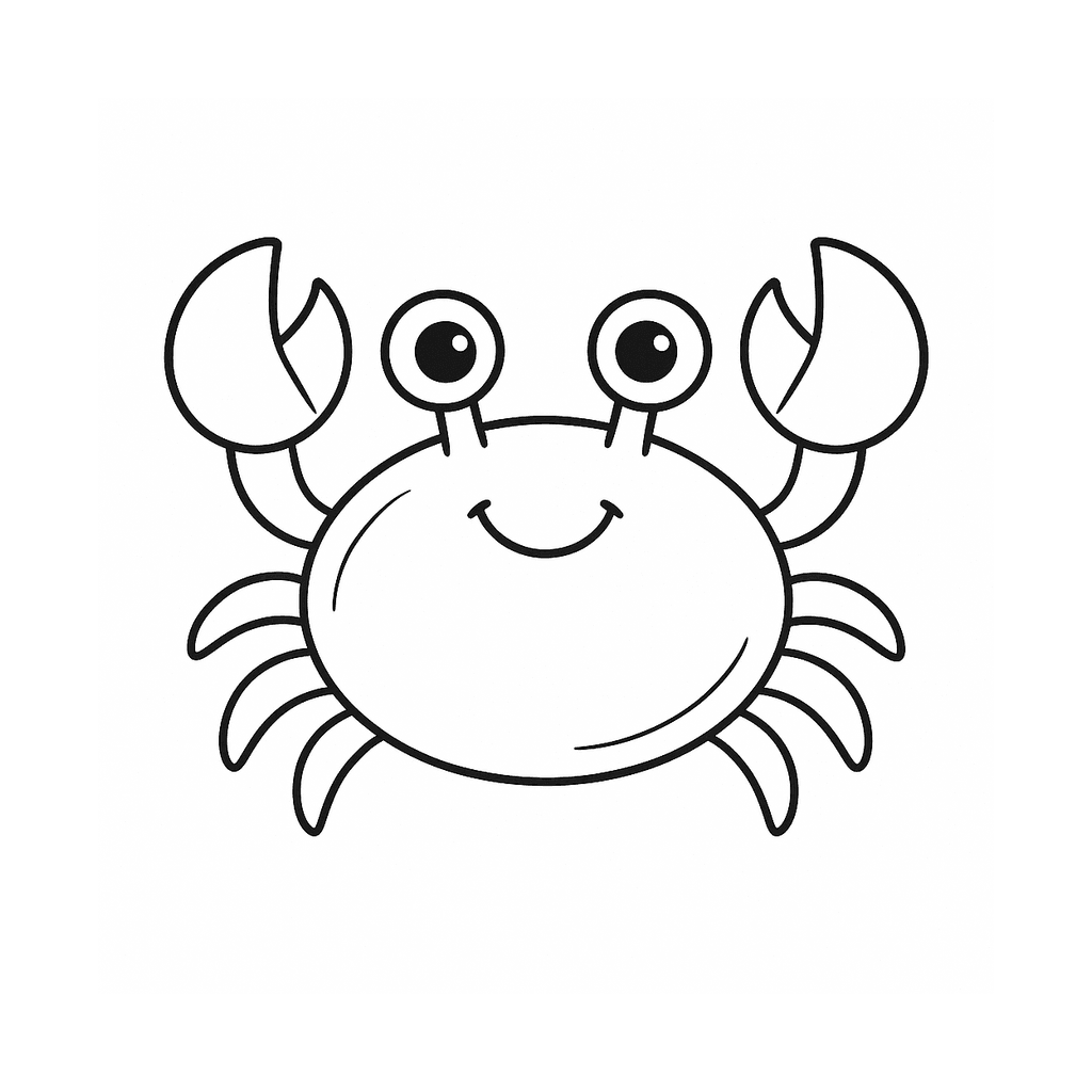 Black and white coloring page of a cute cartoon crab with two claws
