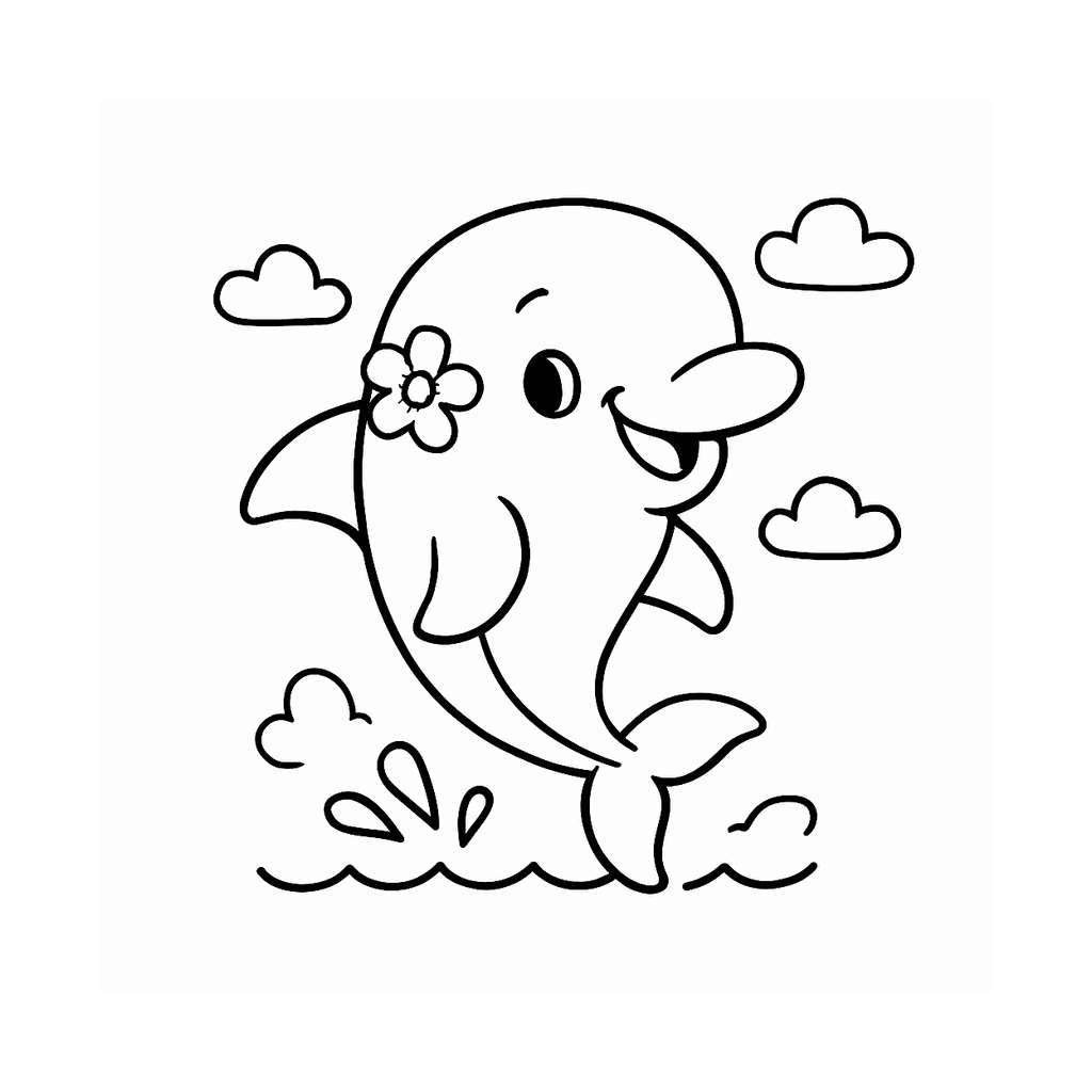 Black and white coloring page of dolphin jumping playfully