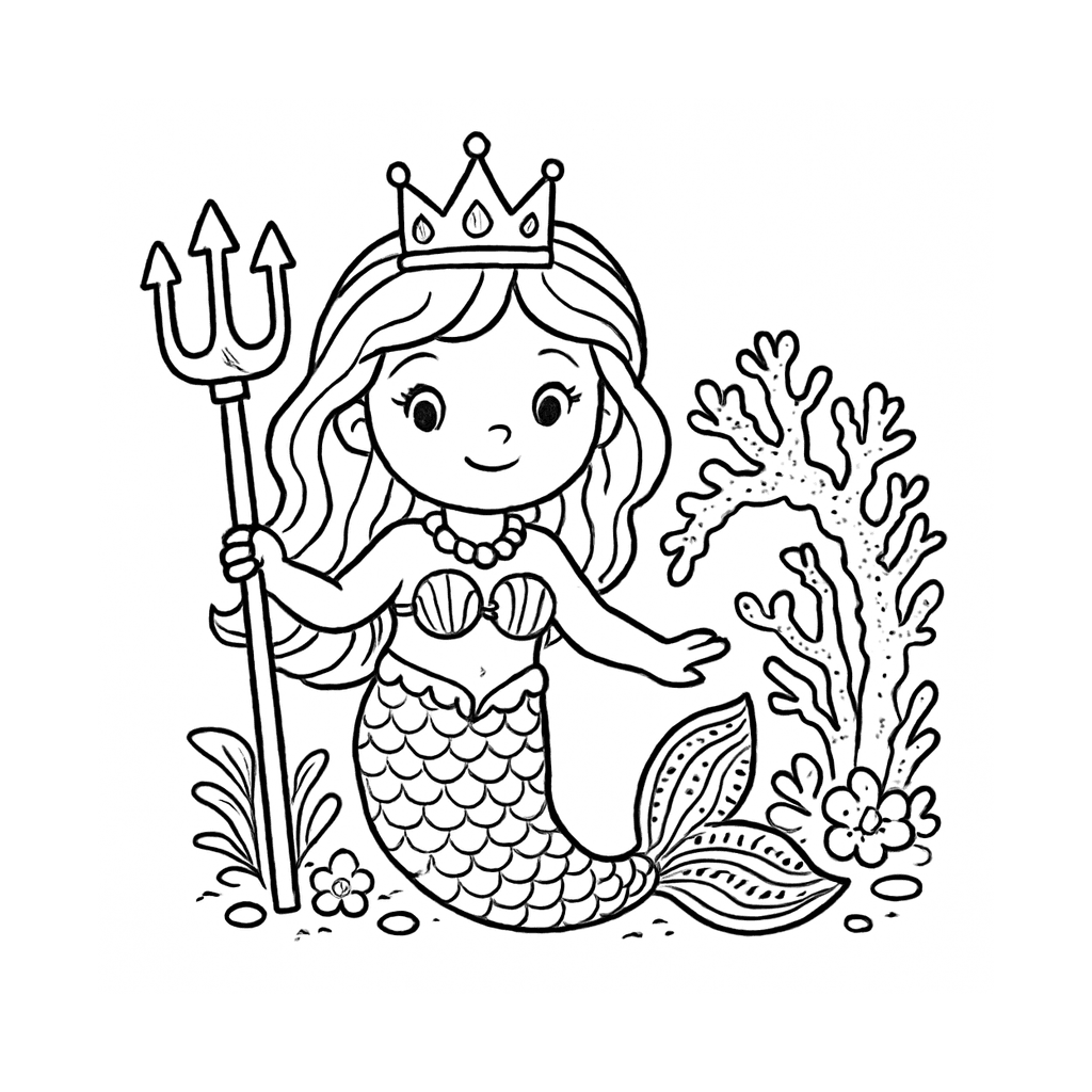 Black and white coloring page of mermaid with crown and trident