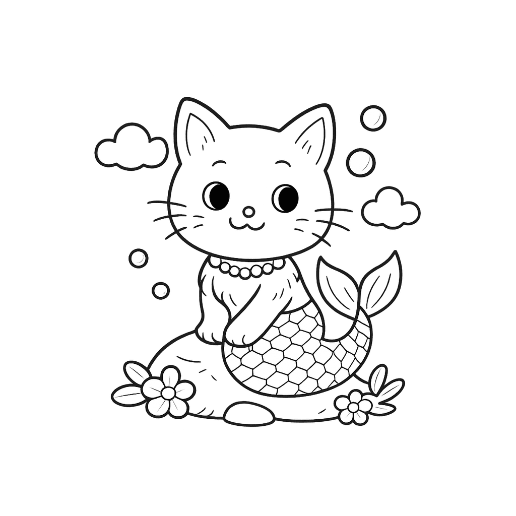 Black and white coloring page of mermaid sitting on a rock