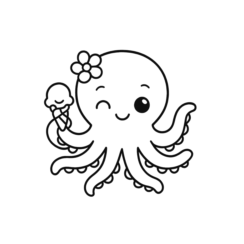 Black and white coloring page of octopus with eight arms spread