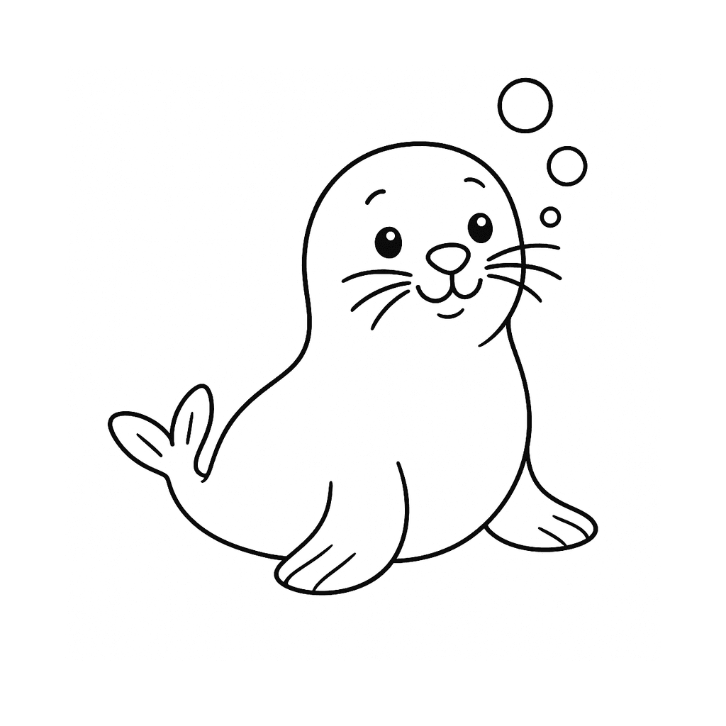 Black and white coloring page of a playful cartoon seal with flippers