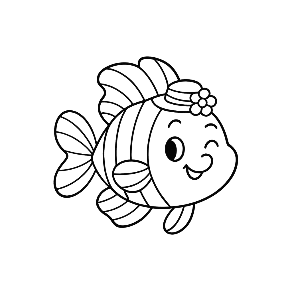 Black and white coloring page of tropical fish with big fins