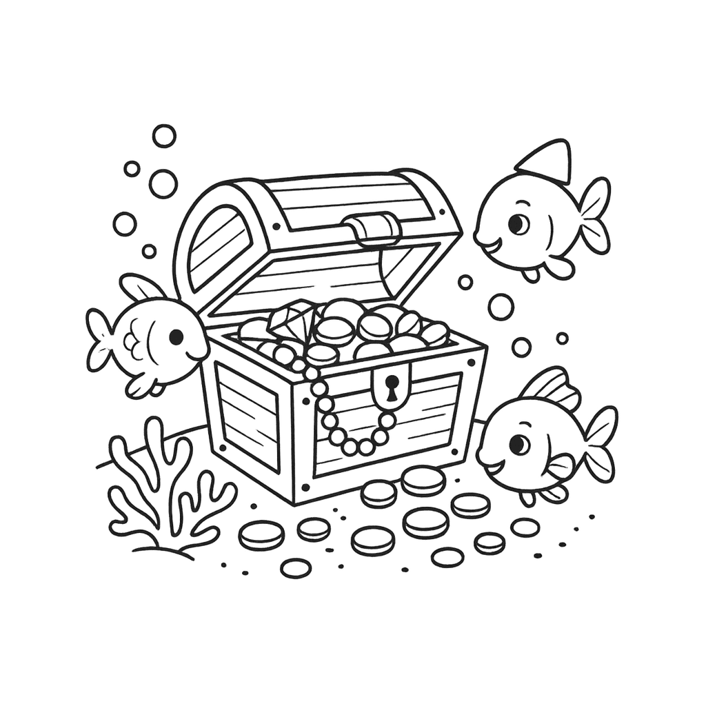 Black and white coloring page of an underwater treasure chest with coral and fish